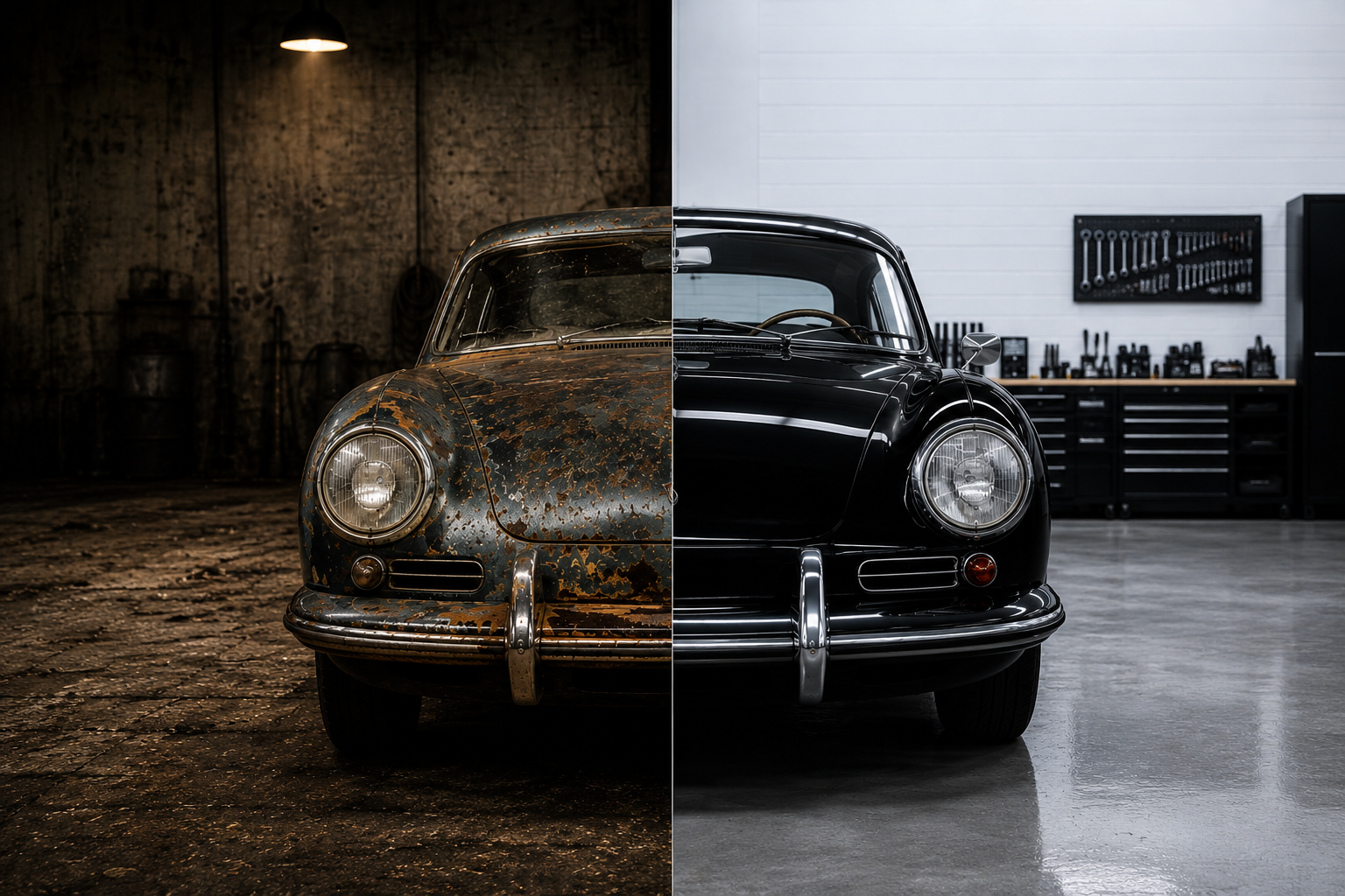Vintage car restored — a metaphor for business modernization, before and after